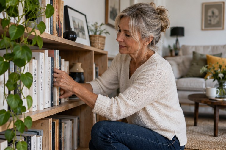Une femme range des livres sur une étagère — illustration générée par IA