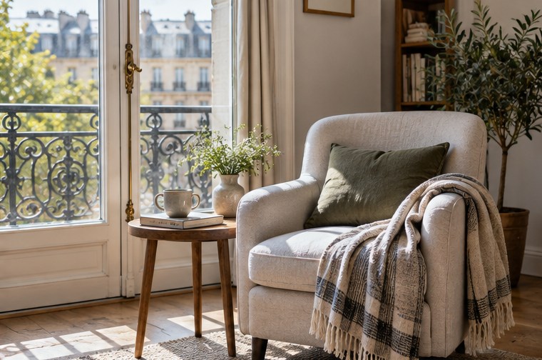 Un fauteuil installé près d’une fenêtre dans un appartement — illustration générée par IA