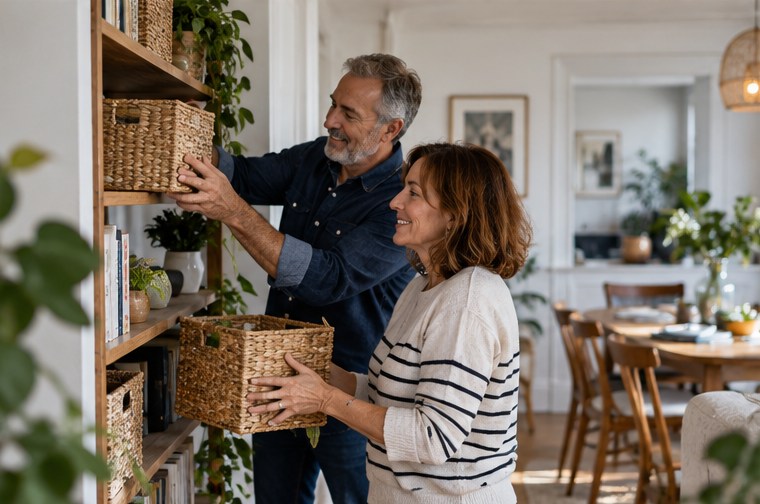 Deux adultes organisent des paniers de rangement — illustration générée par IA