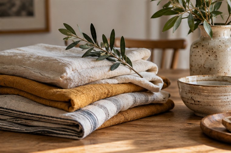 Textiles pliés et objets en céramique sur une table — illustration générée par IA